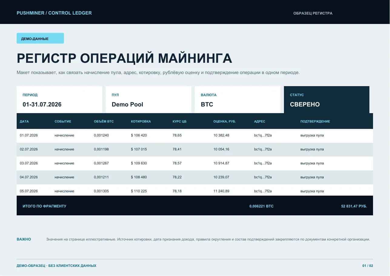 Демонстрационный образец регистра операций майнинга