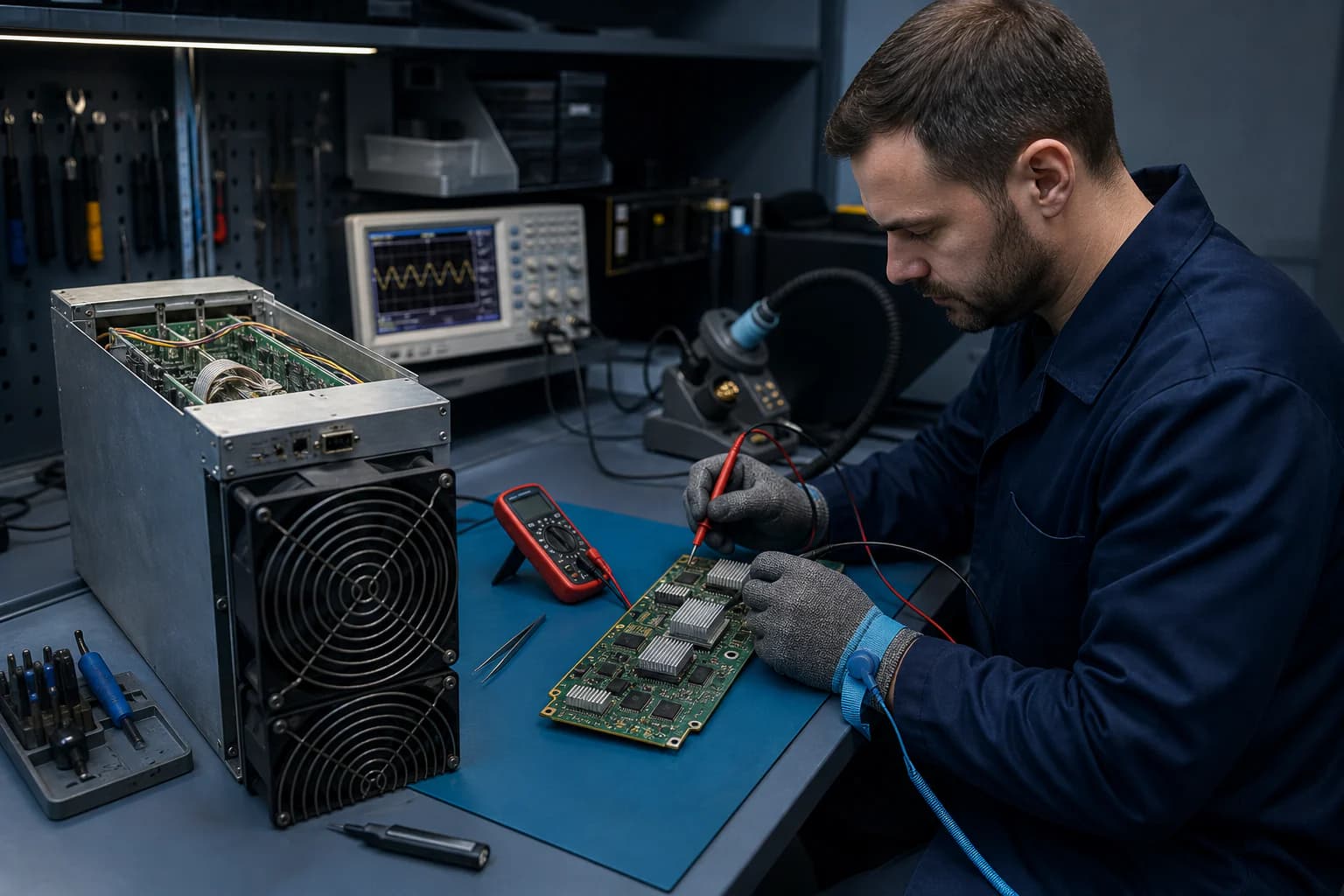 Инженер сервисного центра диагностирует хеш-плату ASIC